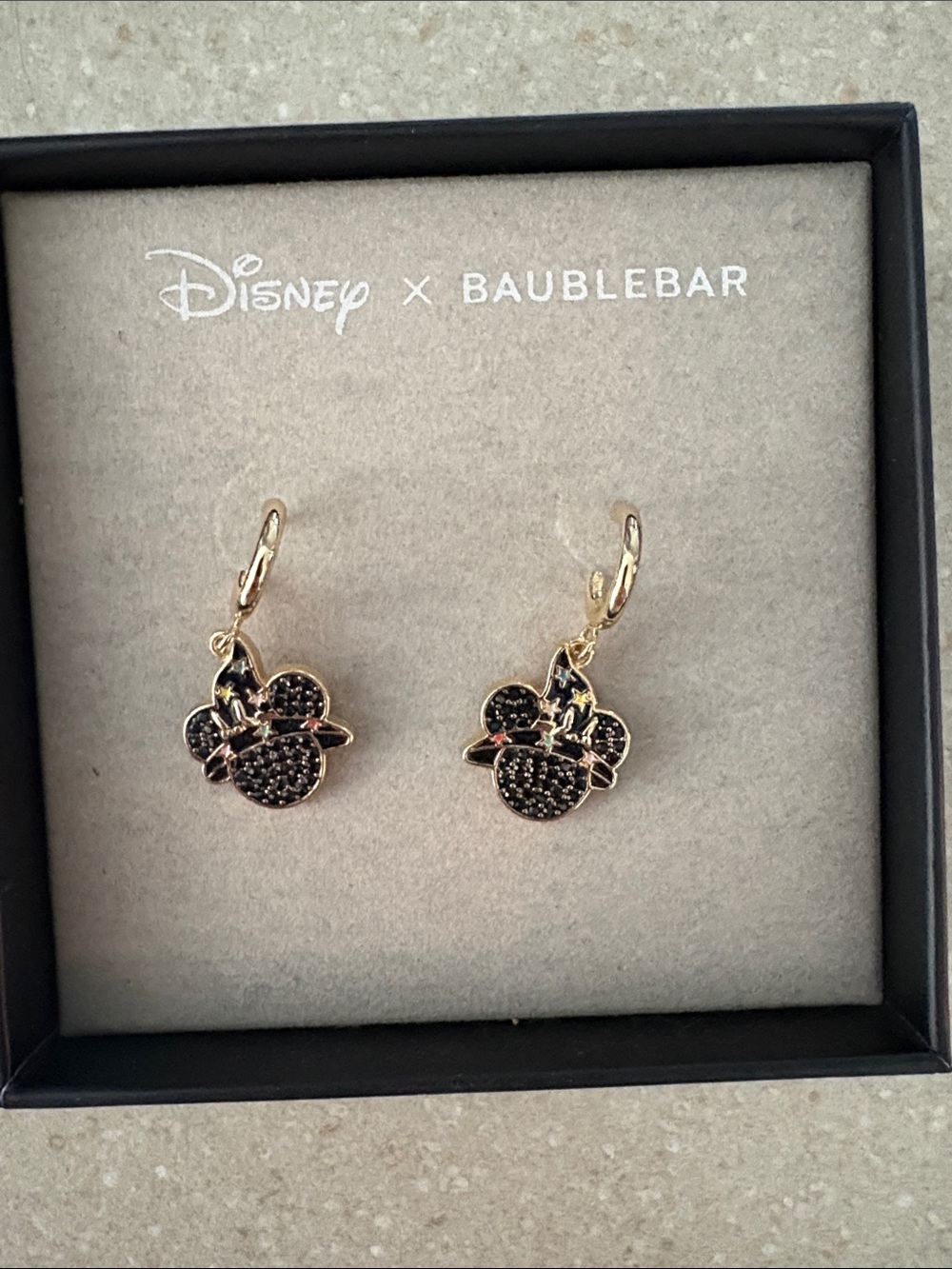 BaubleBar Disney Gold-tone Black Pavé Minnie Drop Earrings